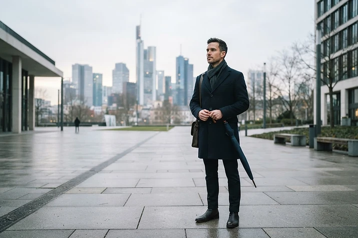Berufstätiger Mann blickt am Morgen auf einem modernen Stadtplatz nachdenklich in die Ferne